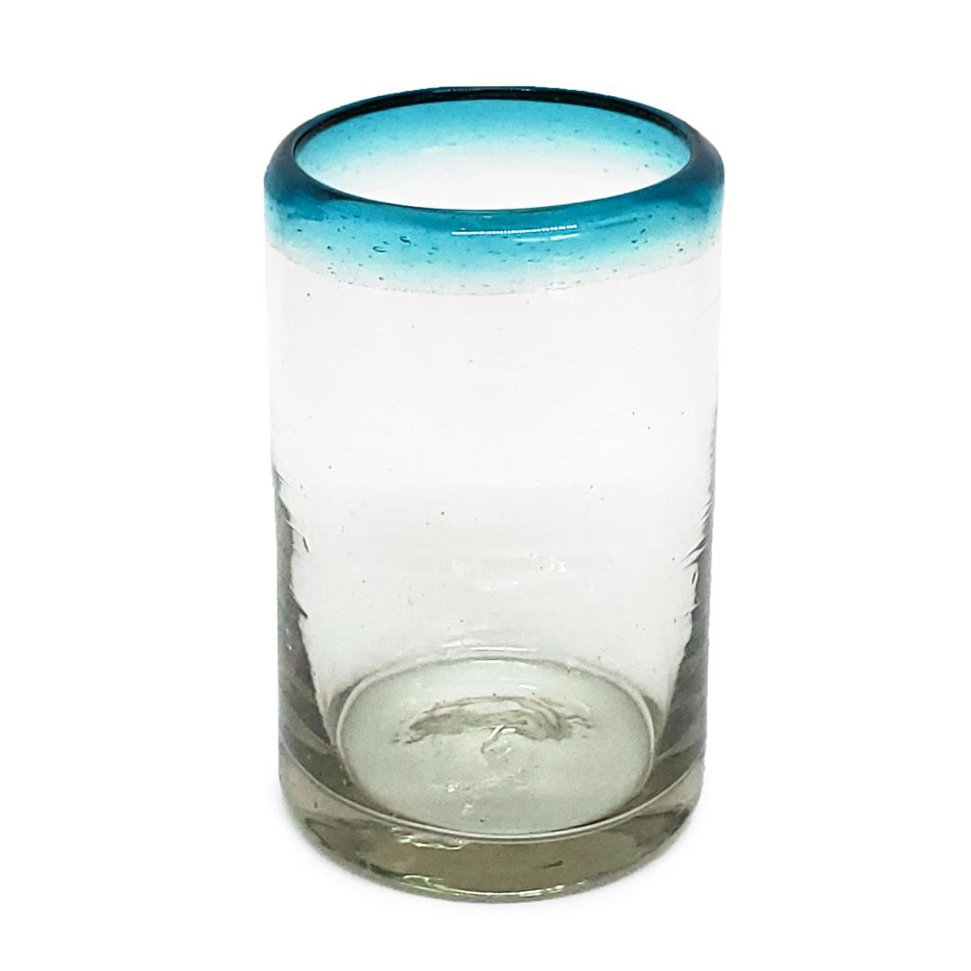 Vasos de Vidrio Soplado al Mayoreo / vasos para jugo con borde azul aqua / stos vasos tienen el tamao exacto para disfrutar jugo fresco de frutas por la maana.